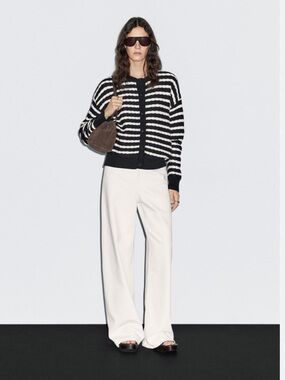 Massimo Dutti Black and White Striped Knit Cardigan